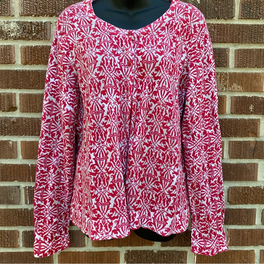 Liz&Co Red and tan Design Button Down long sleeve cardigan Sweater Size XL